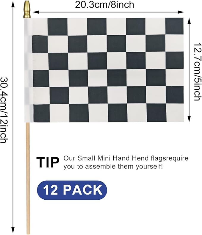 12Pcs Small Checkered Black and White Racing Flags on Wooden Stick Mini Race Car Flag Hand Held Flag Decorations,5x8 Inch