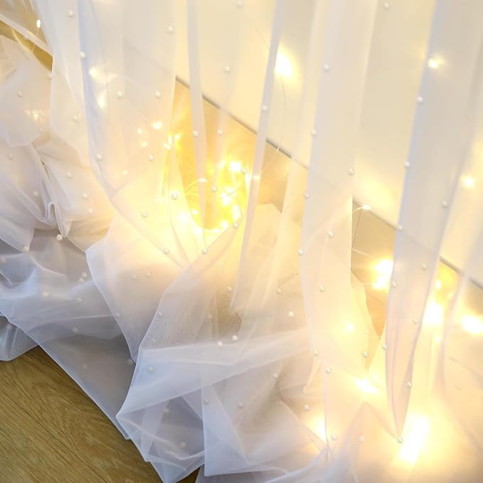 10 x 10 FT Pearl White Tulle Backdrop Curtain with Lights Strings,Wedding Background Curtain Baby Shower Birthday Parties Photo Decorations(2 Panels 5×10ft)