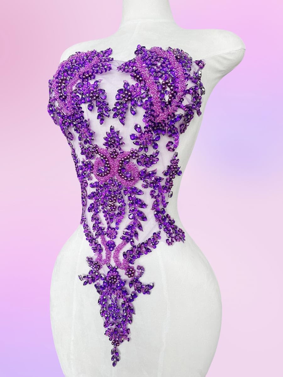 Handmade Rhinestones Lace Bodice Applique Sew on Beads Sequins Trimming Patch...