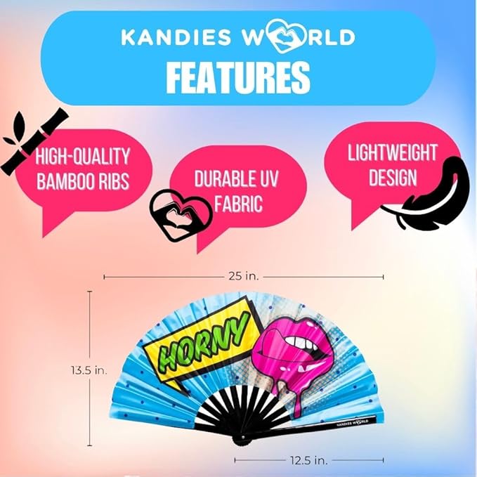 Kandies World Custom Festival Folding Hand Fan - Unique Designs, Made of Bamboo, Clacking Sound, Lightweight - Perfect Rave and Festival Accessory!