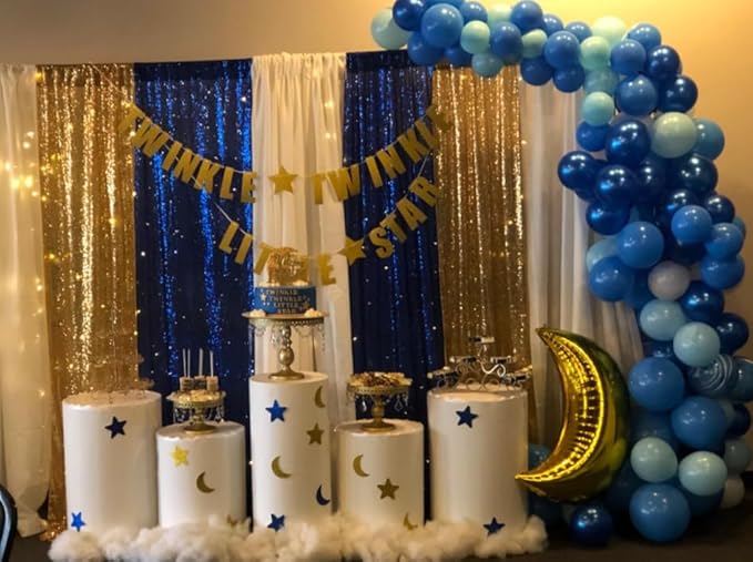 ShinyBeauty Blue and Gold Sequin Sparkle Photo Backdrop 2x8FT (4 Panels) - Wall Decor for Weddings, TikTok Videos, Birthday Parties, Baby Showers & Live Streams