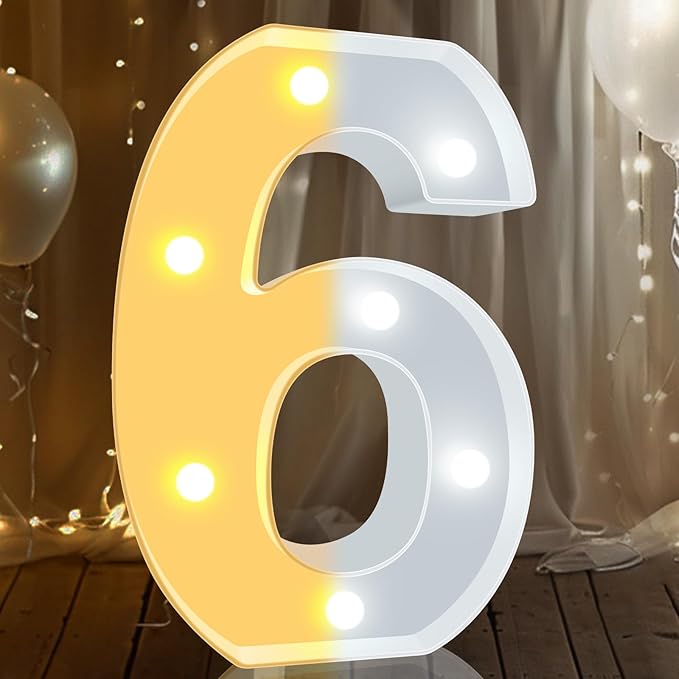 Pooqla LED Light Up Numbers, Warm White and Cool White Decorative Lighted Marquee Numbers, Light Up Numbers for Boys Girls Party, Wedding, Bar, Night Light, Room Decor, Birthday Decoration, Number 6