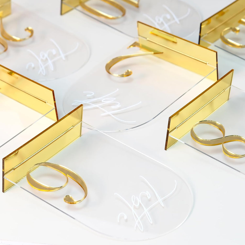 HOODO Clear Arch Wedding table numbers 1-15 with Stands, 5"x7" Arched Acrylic Signs with Gold Mirror Numbers, Clear and Gold Acrylic Table Numbers for Wedding Reception, Party, Anniversary, Event