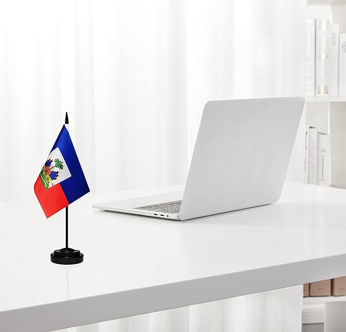 12 Pack Haiti Desk Flags Set, Haitian Small Mini Table Office Flags With 12" Solid Black Pole, Black Base and Spear Top, Miniature Desktop Flag, Home Decoration, Office Decoration, Festival