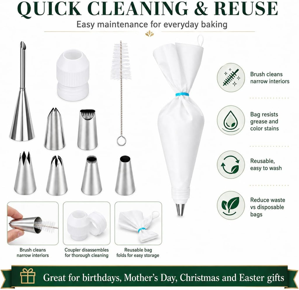 10-Piece Reusable Piping Bags and Tips Set-Cotton Baking Kit with Coupler,16inch Pastry Bags,Stainless Steel Nozzles & Cleaner for Cakes/Cupcakes/Cookies Decorating (10 Pcs)