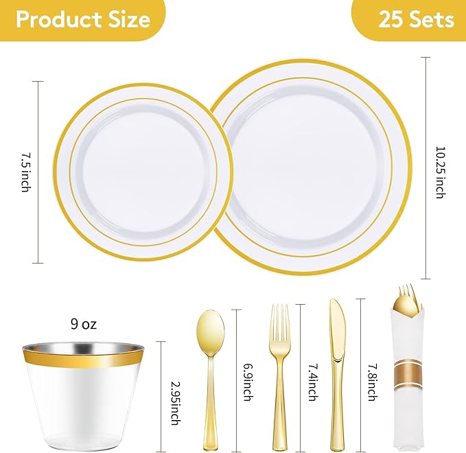 Goodluck 175 Piece Gold Plastic Dinnerware Set for 25 Guests, Fancy Disposable Plates for Party, Include: 25 Dinner Plates, 25 Dessert Plates, 25 Pre Rolled Napkins with Gold Silverware, 25 Cups