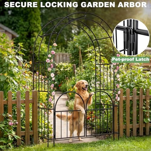 7ft garden arbor with gate, garden arch trellis shown in use