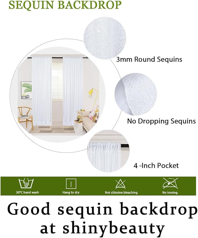 ShinyBeauty White Sequin Backdrop 4x10ft (4 Panels) – Wedding Arch Drapes, Photography Background, Glitter Party Decor for Events & TikTok Videos