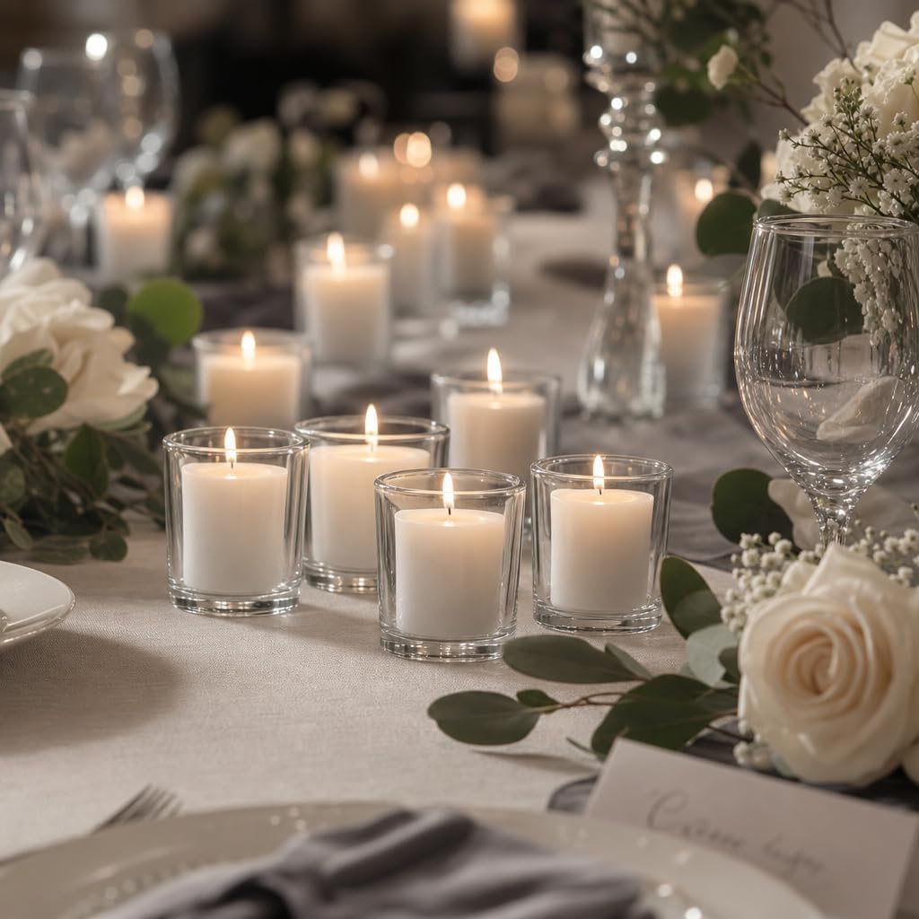 Yummi Set of 72 10hr Votive Candles & Glass Votive Holders, Clear
