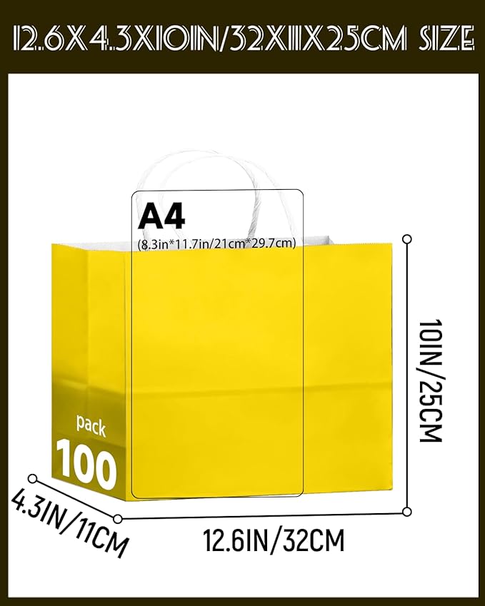 qiqee 100PCS Large Gift Bag with Handles Bulk 13"x4.5"x10" Gift Bags Bright Yellow Multiple Uses (32x11x25cm,Wide Large)
