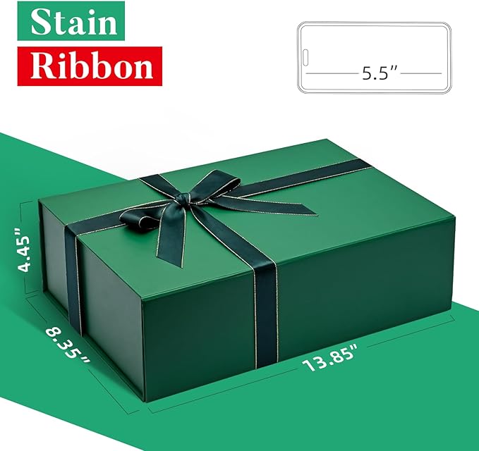 LIFELUM Gift Boxes with Lids 2 Pack 13.85 x 8.35 x 4.45 inch Green Christmas Gift Boxes with Strong Magnetic Lid for Presents with Luxury Accessories Card, Ribbon, Filler,Sticker