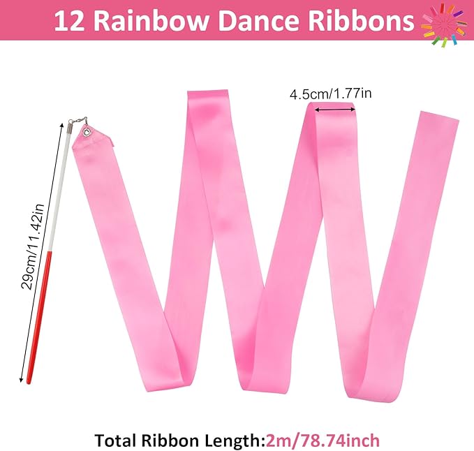 12 Pack Dance Ribbons for Kids, Dance Class, Birthday Party, Gymnastics, Princess Party Favors (Rainbow)