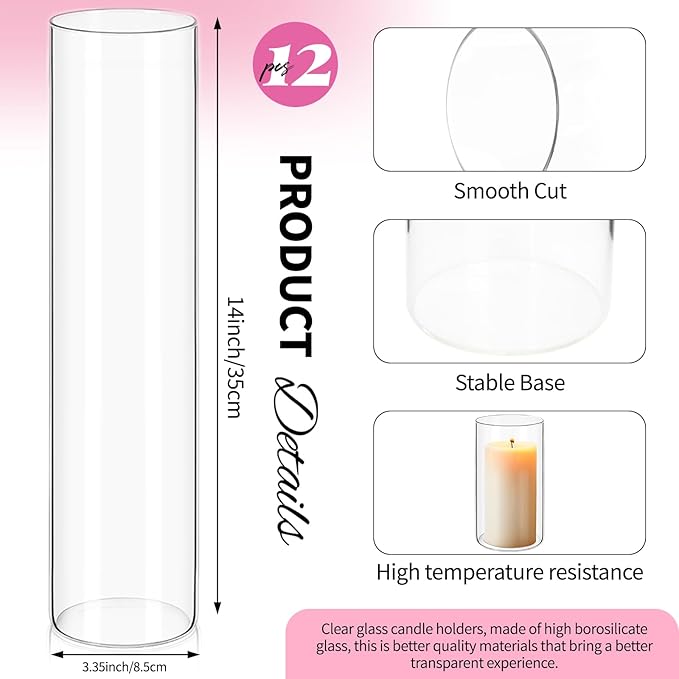 12Pack Glass Cylinder Vases for Centerpieces - 14 Inch Tall Flower Vase for Wedding Decorations, Floating Candle Holder Vase Bulk,Glass Hurricane Candle Holders for Table Shelf, Party, Home Decor