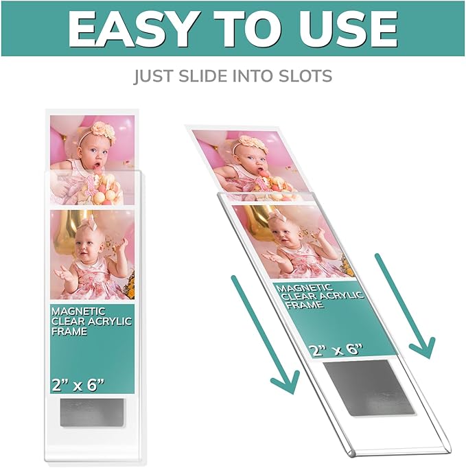 pbf PHOTO BOOTH FRAMES 2x6 Magnetic Picture Frames for Refrigerator | 2 x 6 Clear Magnetic Acrylic Frames for Photo Strips | Magnetic Photo Holders for Fridge, Locker, Sign Holder (6-Pack)