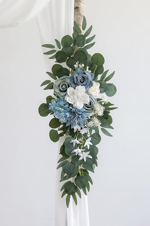 Light Blue Artificial Wedding Arch Flowers Kit (Pack of 3) with 26Ft White Shiny Arch Draping Fabric for DIY Wedding Party Ceremony Reception Backdrop Floral Decoration