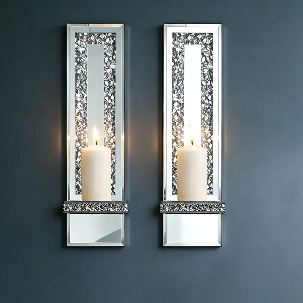 Pibeyer Mirrored Candle Sconces with Acrylic Diamond, Crushed Diamond Wall Candle Holders, Home Decor