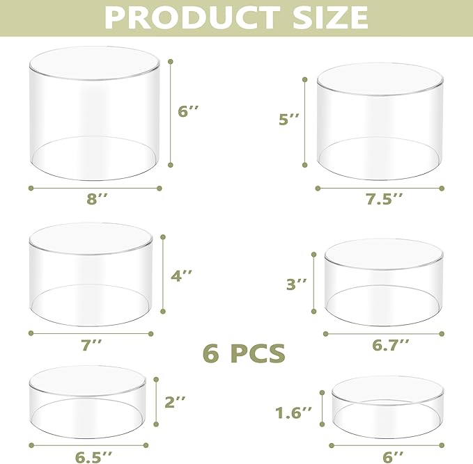 6Pcs Buffet Risers, Food Risers for Buffet, Acrylic Boxes for Display Round Riser Display Cases Acrylic Round Display Base, Clear(Size 6",6.5",6.7",7",7.5",8")