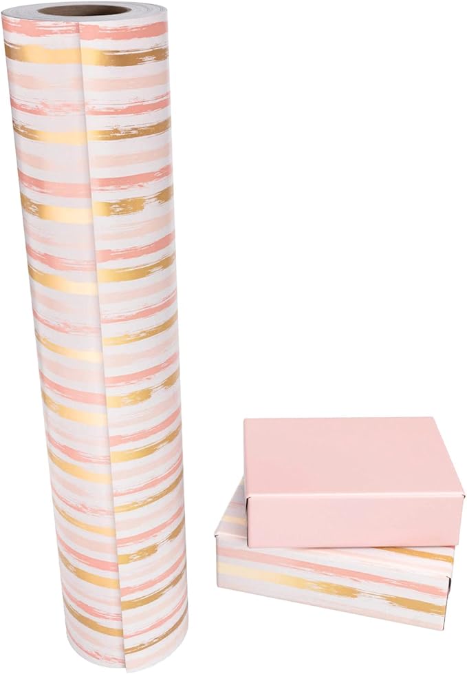 WRAPAHOLIC 30 Inch Reversible Wrapping Paper Roll - 30 Inch X 100 Feet Jumbo Roll Pink and Gold Lines Print for Birthday, Holiday, Wedding, Baby Shower and More Occasions
