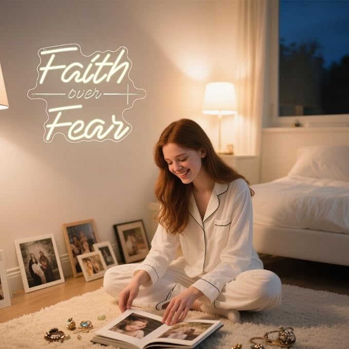 Faith Over Fear Neon Sign,Christian Dimmable LED Light Signs for Wall Art Decor,Warm White Backdrop for Bedroom Club Party Man Cave,Gift for Teen Men USB Powered（13.8"*11.6"）