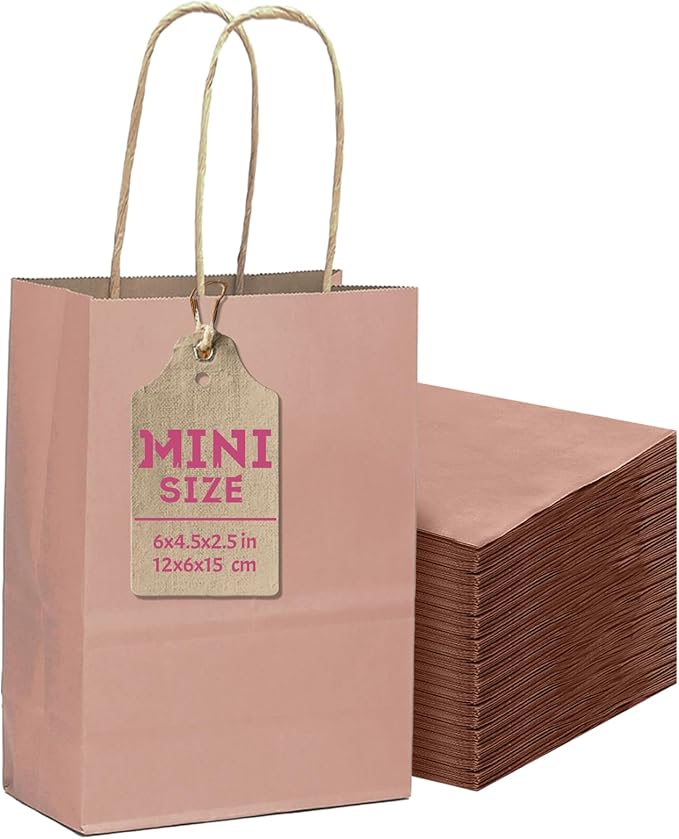 qiqee 24 Pcs Coffee Mini Paper Gift Bags with Handles 6"x4.5"x2.5" Small Brown Kraft Party Favor Bags Treat Bags Multiple Uses (Mini size)