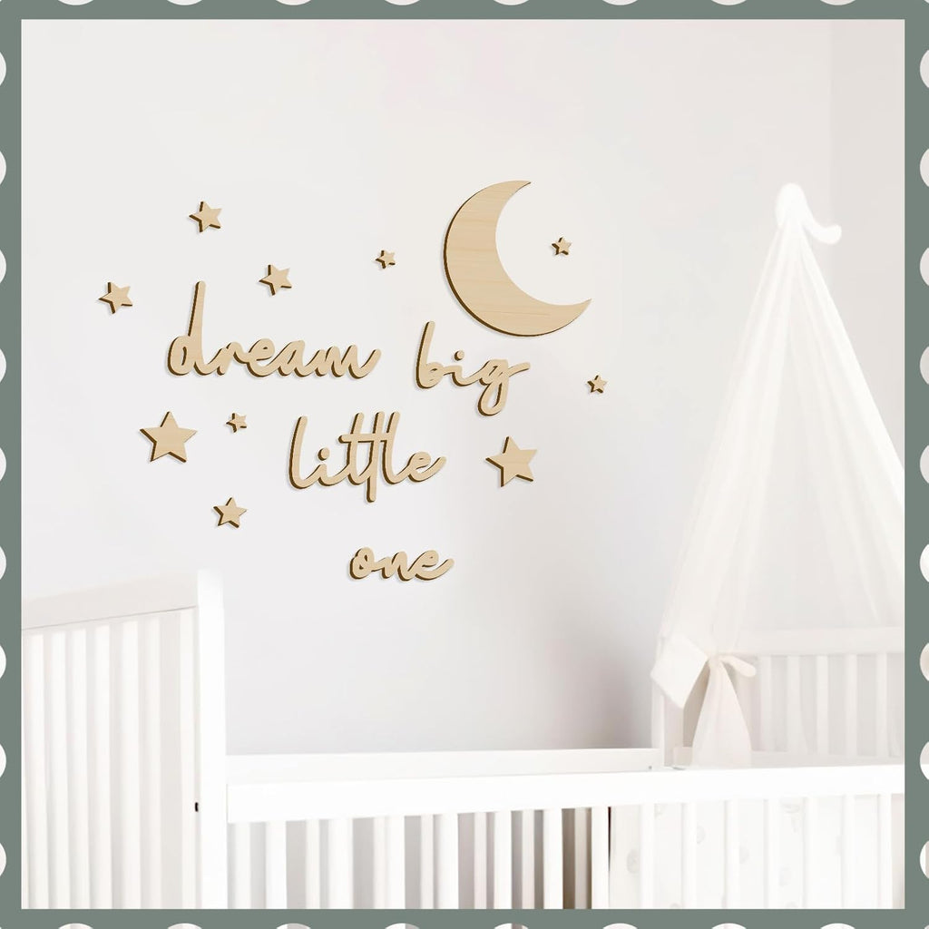 Briwooody 15 Pcs Moon and Stars Nursery Decor Dream Big Little One Wall Decor Boho Neutral Babyroom Wall Art Nursery Sign for Boys Girls Bedroom Home Farmhouse Living Playroom(Wood Color)