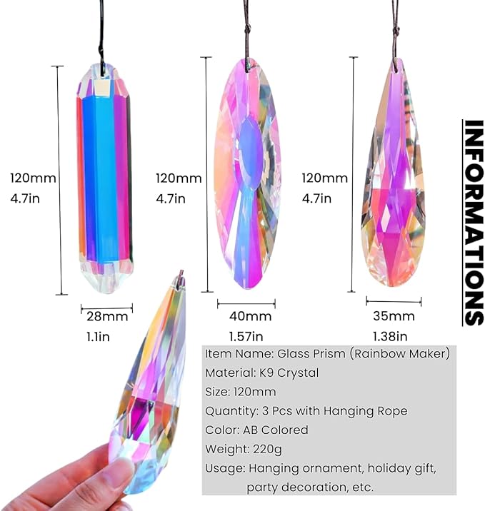 3Pcs 5-inch Crystal Sun Catcher Prisms for Windows Garden Patio,AB Colored Hanging Suncatchers with Glass Prism Rainbow Maker Ideal