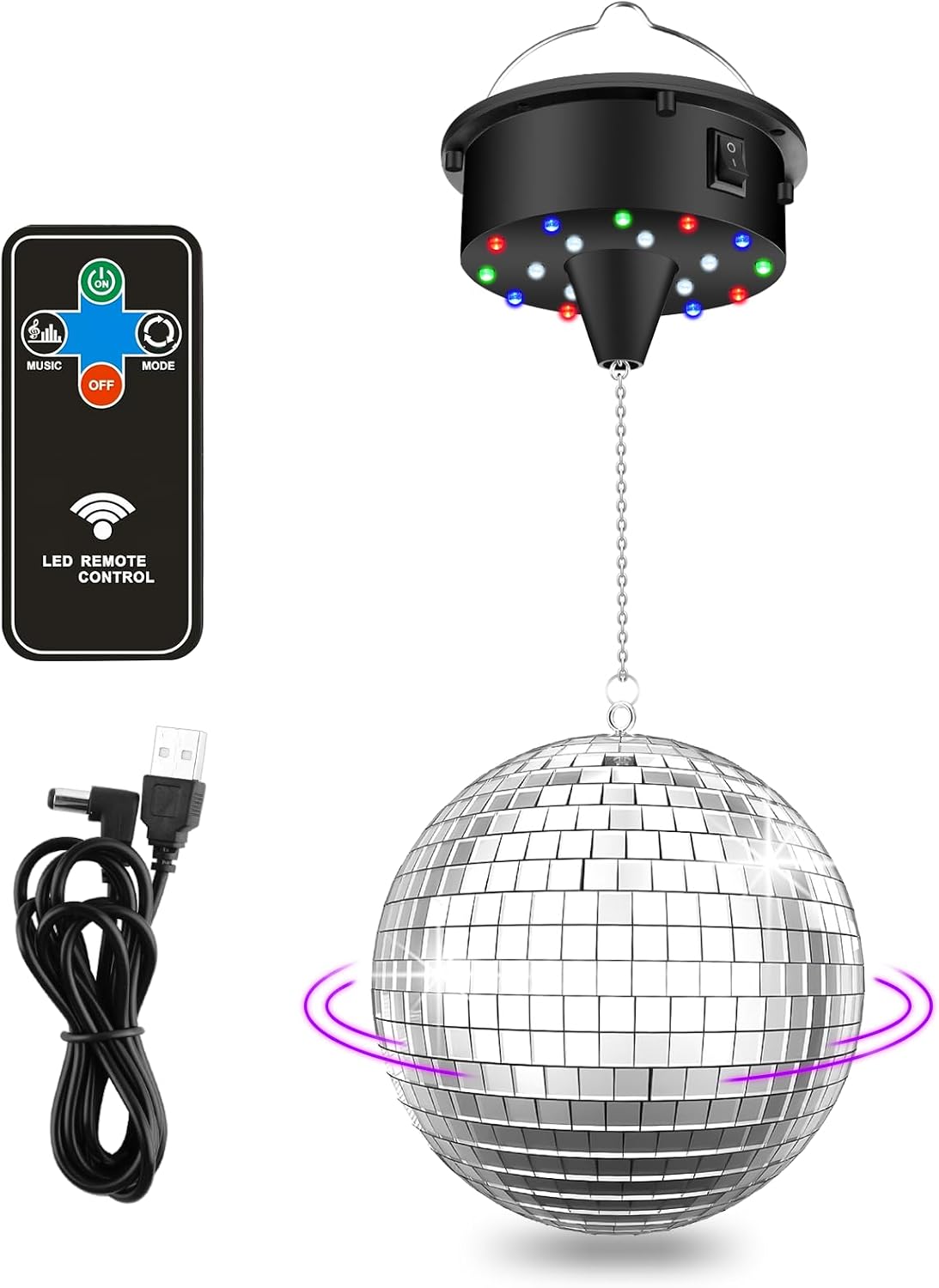 Disco Ball with Motor and Light - 10 RPM Rotating Motor 6 Inch Mirror Ball