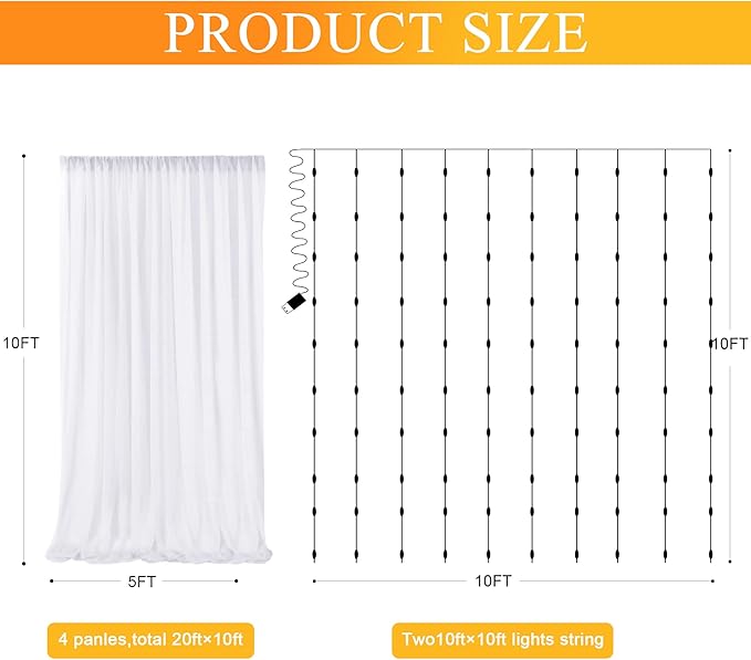 Fomcet Tulle Backdrop Curtains White 20FT X 10FT Tulle Curtains with Lights String Sheer Backdrop Curtain for Parties Wedding Baby Shower Photo Shoot Decorations (4 Panels 5 x 10FT)