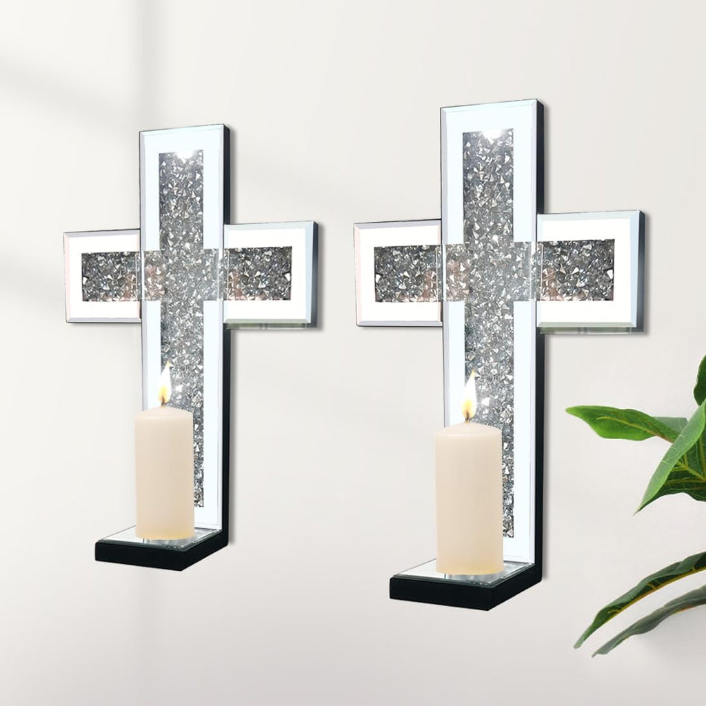 Aeveco Crystal Crush Diamond Mirrored Candle Sconces, Silver Wall Candle Holder Set of 2, Wall Decoration for Living Room，Dining Room (Silver Cross)