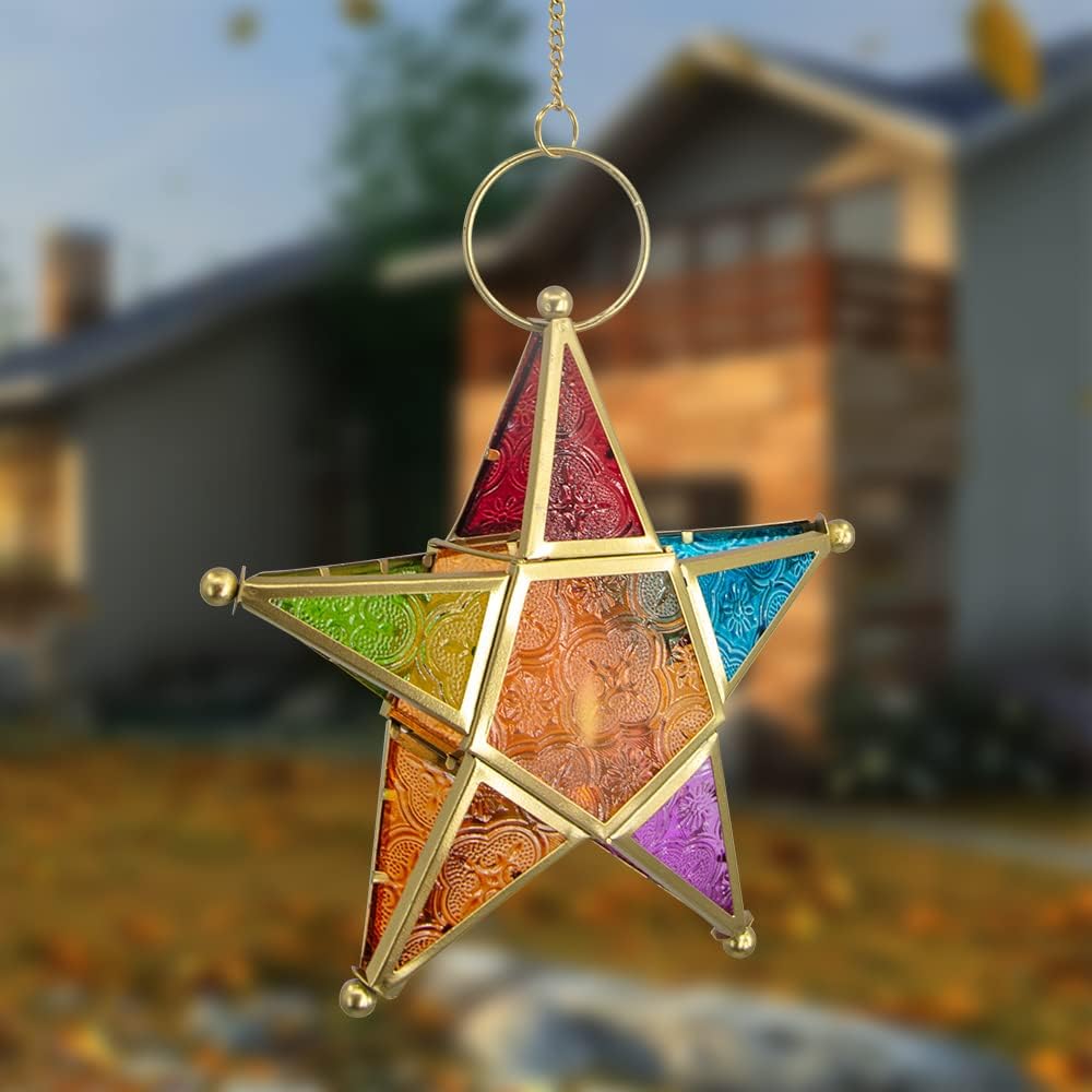 Modern Morocco Metal Art Candle Holders, Star Colorful Glass Christmas Holiday Home Wall Decor Lantern for Mantel Patio Garden with Hanging Loop