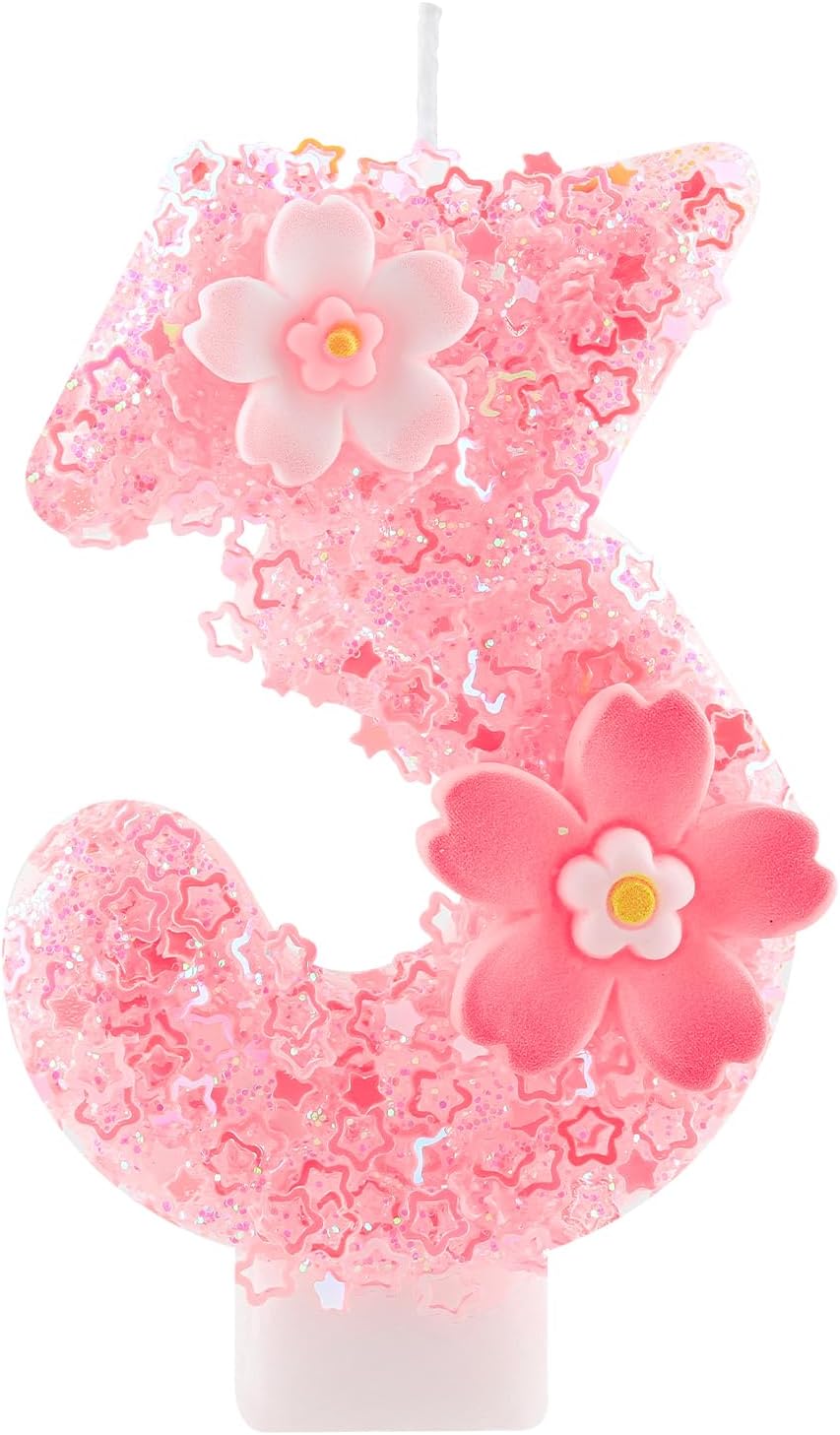Cherry Blossom Pink Number 3 Birthday Candle, 2.8in Cute Shiny 3 Happy Birthday Candle with Tray & Stick Girls 3 Candle for 3rd Birthday Ideal Birthday Parties Cake Decoration & Gifts