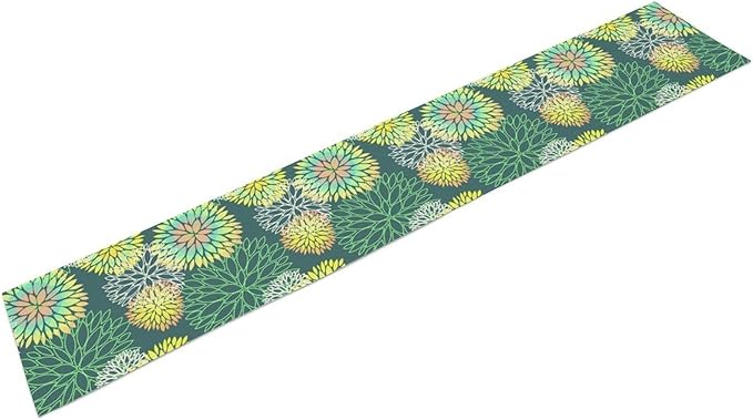 Green Dahlia Flower Table Runner, Linen Geometric Pattern Floral Table Decor Spring Farmhouse Decorations for Kitchen Dining Holiday Party Decor, 13x90 Inch
