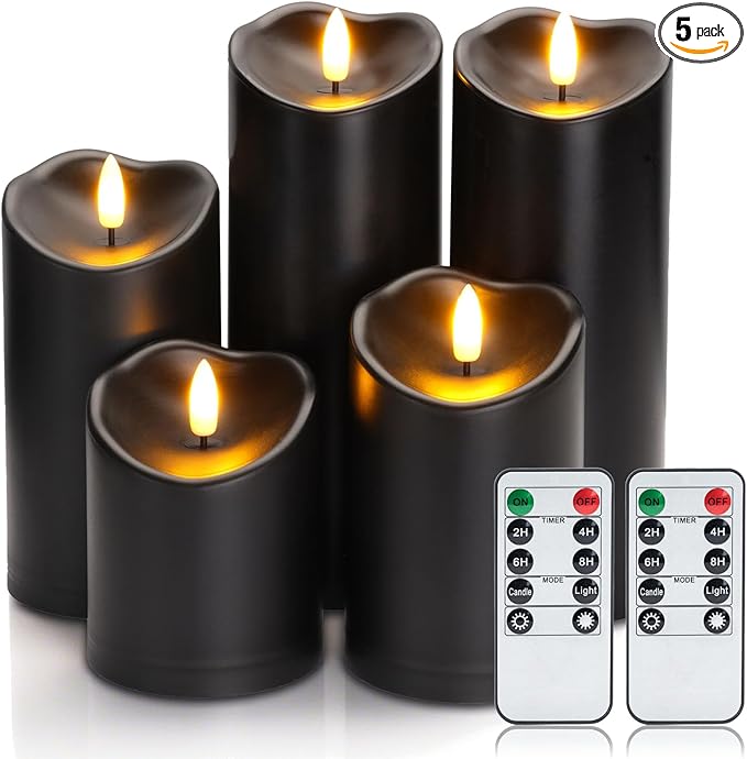 Amagic Black Halloween Flameless Candles with Remote, Waterproof Outdoor Candles Battery Operated with Timer, Plastic Flickering LED Pillar Candle for Holiday, Theme Party, Pumpkin Decor, Set of 5