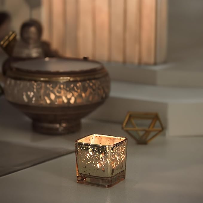 WGV 2 Inch Gold Speckle Square Cube Glass Votive Candle Holder, Small Tiny Mercury Tea Light 2x2”, 1 Pc
