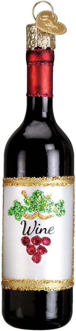 Old World Christmas Red Wine Bottle Glass Blown Ornament for Christmas Tree, Handcrafted Holiday Decoration, Adult Beverages Collection