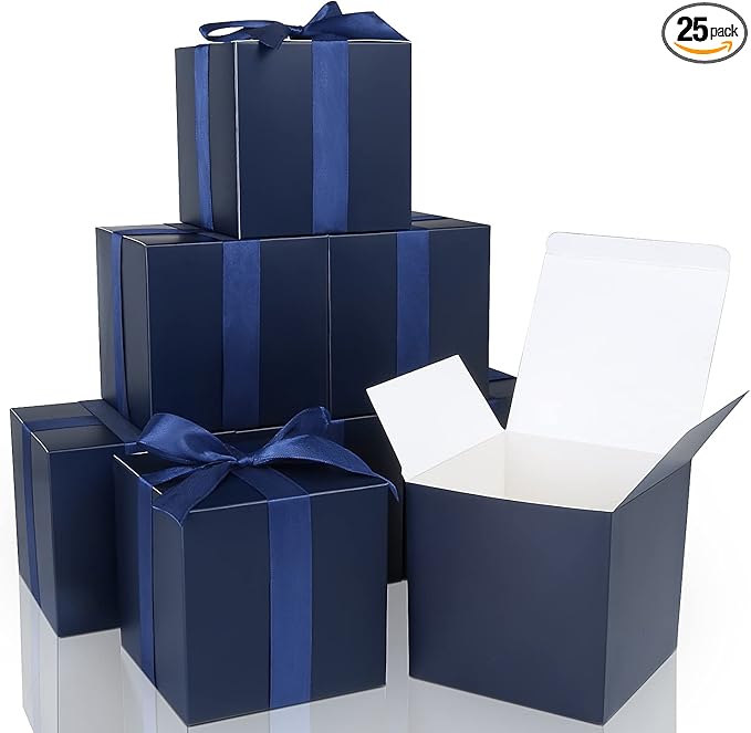 COTOPHER Small Gift Boxes 25 Pack 6x6x6 inches Blue Gift Boxes with Lids for Gifts, Crafting, Wedding Party Favor, Cupcake Boxes, Candy, Bridesmaids Proposal Box with Ribbons and Stickers