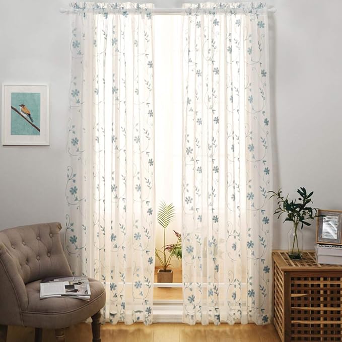 Blue Sheer Curtains 84 Inches Long, Floral Embroidered Rod Pocket Sheer Drapes for Living Room, Bedroom, 2 Panels, 52"x84", Semi Crinkle Voile Window Treatments for Yard, Patio, Villa, Parlor .