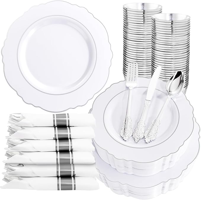 Liacere 350PCS Silver Plastic Plates-Disposable White and Silver Plates 50guest Baroque Plastic Dinnerware Set include 100Plates, 50Pack Pre Rolled Napkins with Silverware 50Cups Perfect for Chrismas