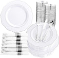 Liacere 350PCS Silver Plastic Plates-Disposable White and Silver Plates 50guest Baroque Plastic Dinnerware Set include 100Plates, 50Pack Pre Rolled Napkins with Silverware 50Cups Perfect for Chrismas
