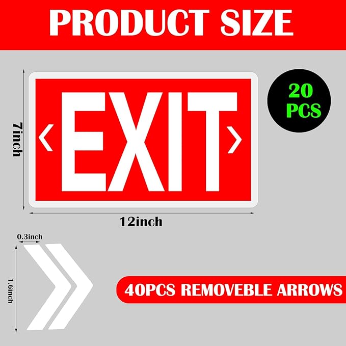 20 Pcs Glow in the Dark Exit Signs for Business 12 x 7 Inch Photoluminescent Signs Stickers for Indoor Outdoor for Business, Office, Warehouse (with Arrows)