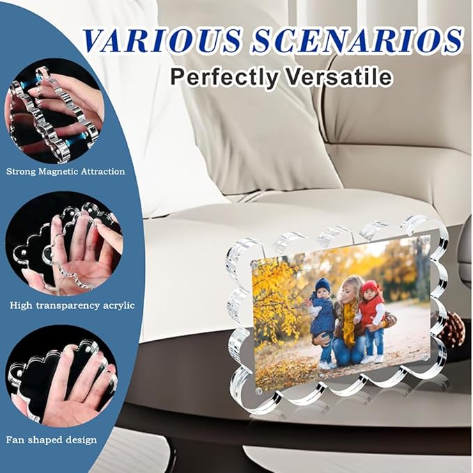 3 Pack 4x6 Inch Magnetic Acrylic Picture Frame,10+10mm Thick Block,Double Sided Clear scalloped frames for Desktop Display | Trendy Home Gift ((3 Pack), 4X6)