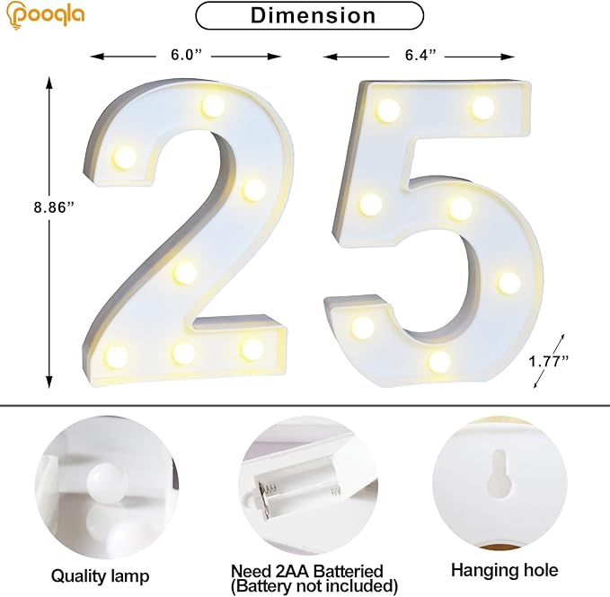 Pooqla 25th Birthday Decoration for Her Him, Decorative LED Light Up Numbers, Marquee Numbers 25 Sign for Party Backdrop 25th Wedding Anniversary Decor, Warm White and Cool White Number 25
