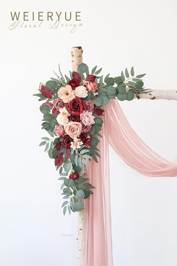 Artificial Wedding Arch Flowers Kit(Pack of 3),2Pcs Artificial Flower Arch Decor,1Pcs Sheer Drape for Wedding Ceremony Arbor for WeddingCeremony (Cream red)