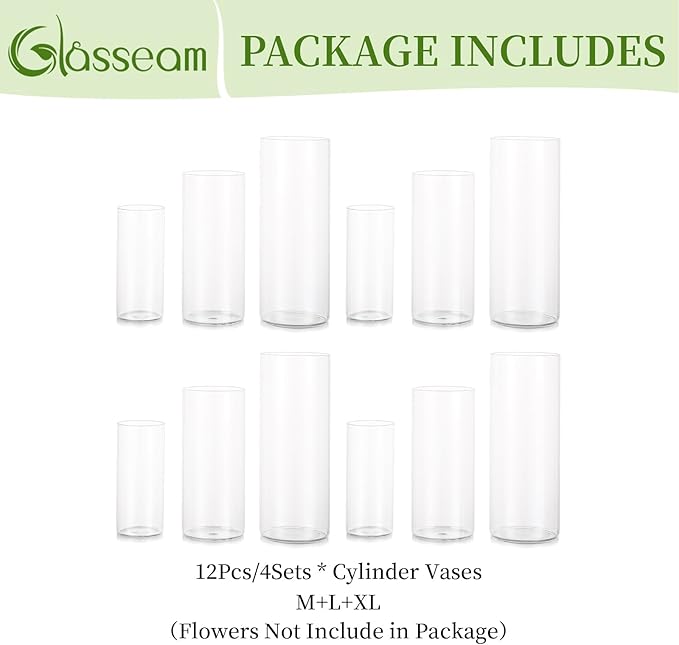 Glasseam Cylinder Vases Set of 12, Hurricane Candle Holder Clear Assorted Sizes, Modern Glass Cylinder Vase, Glass Vases for Centerpieces for Home Decor Wedding Centerpieces, Events, 6''+7.8''+10''