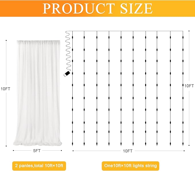 Fomcet Ivory Tulle Backdrop Curtains with Lights String 10FT X 10FT Sheer Curtain with Lights Tulle Curtains Backdrop for Wedding Birthday Party Photo Shoot (2 Panels 5x10FT)