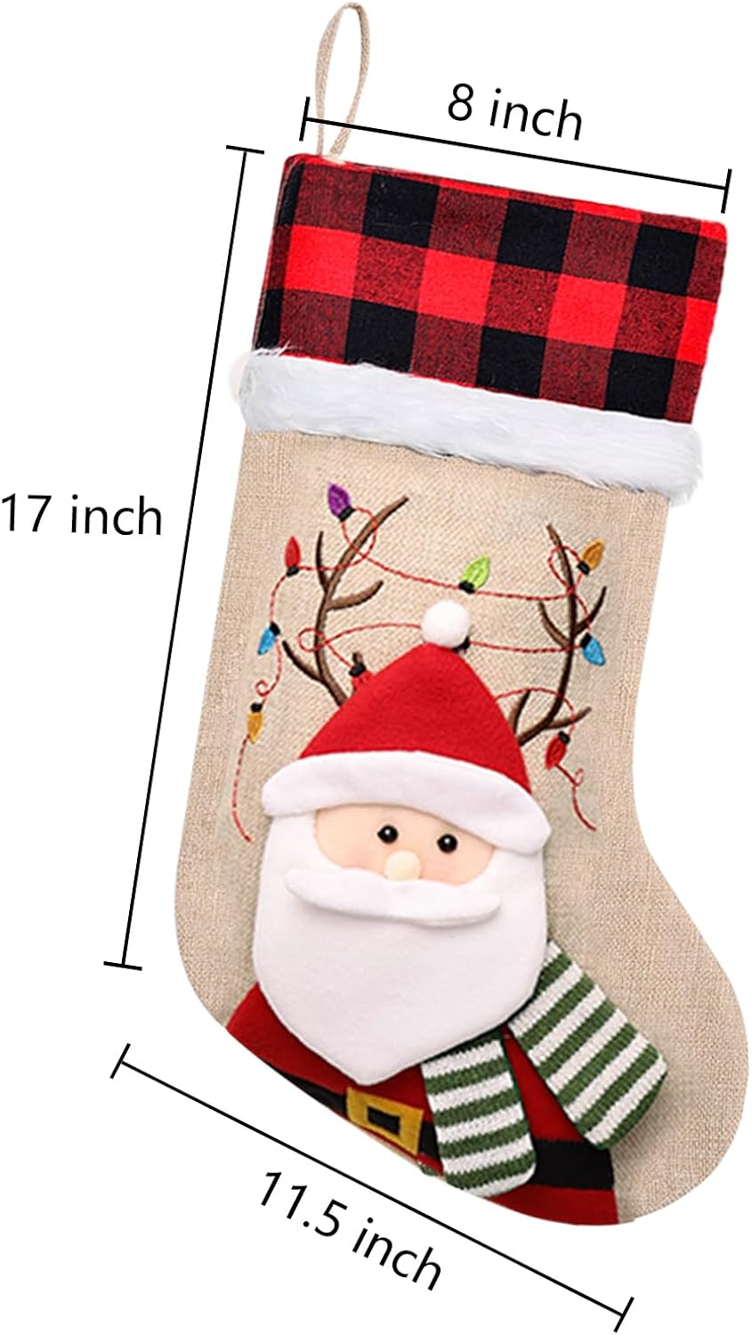 ELEGANTPARK Burlap Christmas Stocking 4 Pack, Buffalo Plaid Cuff 20 Inch | Large Xmas stockings with 3D Santa reindeer snowman bear for family kids, fireplace mantel hanging Christmas decor