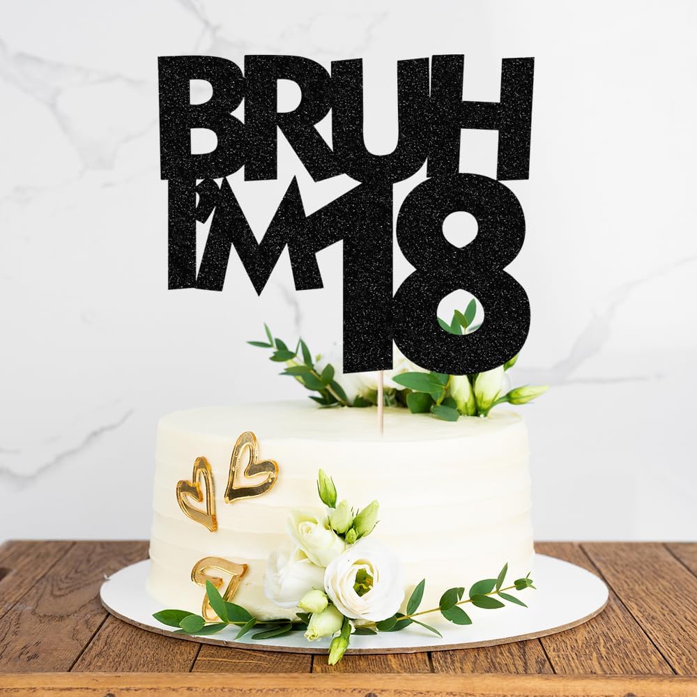 PALASASA Bruh I'm 18 Black Glitter 18th Birthday Cake Topper Decor | Black glitter funny cake topper, perfect for boys 18th birthday party cake decoration supplies.