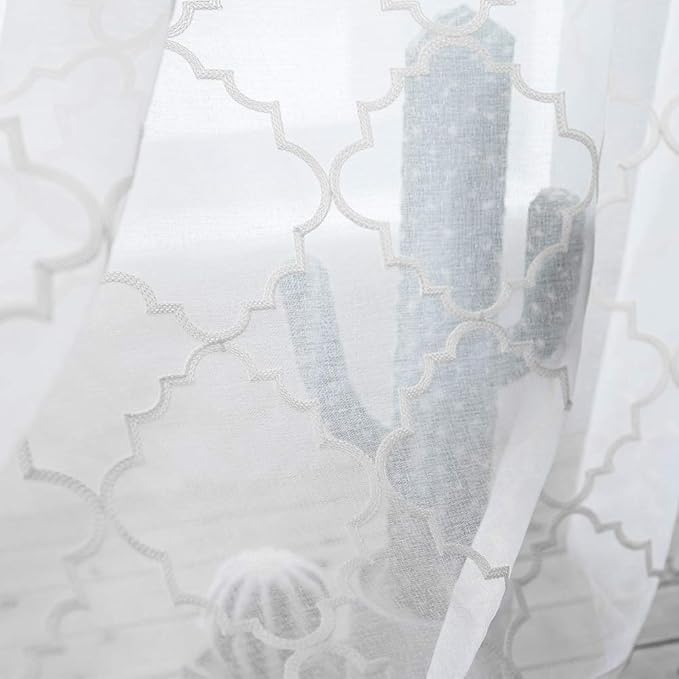 White Sheer Curtains 84 Inches Long, Rod Pocket Sheer Drapes for Living room, Bedroom, 2 Panels, 52"x84", Embroidered Moroccan Tile Lattice Design Semi Voile Window Treatments for Yard, Patio, Villa.