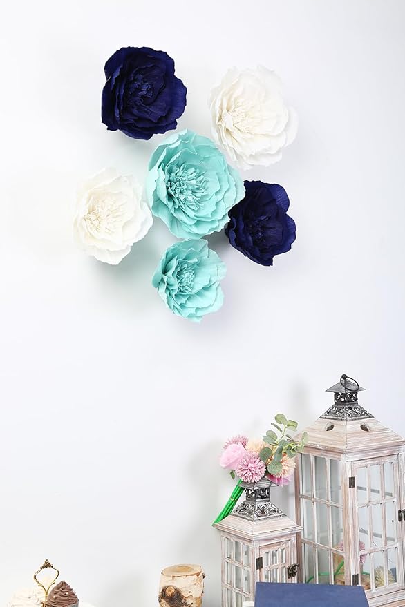 Paper Flower Decorations for Wall, Navy Blue Wedding Backdrop, Baby Boy Nursery Wall Decor, Bridal Shower, Nautical Theme Birthday Party (Navy Blue, Light Blue, White, Set of 6)