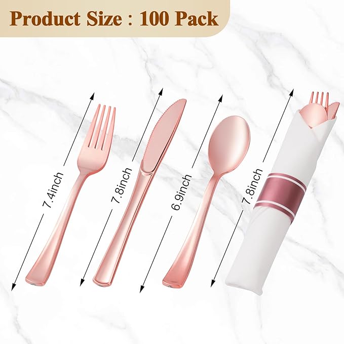 BESTVIP 100 Pack Pre Rolled Rose Gold Plastic Silverware Set, Disposable Wrapped Cutlery Set with 100 Napkins, 100 Knives, 100 Forks and 100 Spoons for Party, Birthday